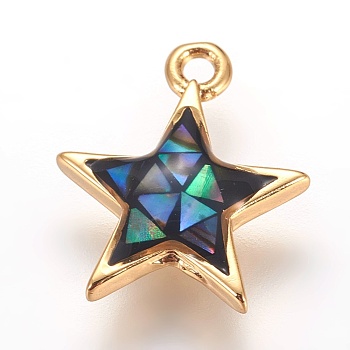 Brass Enamel Charms, with Freshwater Shell, Star, Golden, Black, 13x11x2.5mm, Hole: 1.2mm