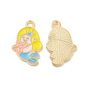 Light Gold Plated Alloy Pendants, with Enamel, Mermaid Princess Charm, Yellow, 20x12.5x1.5mm, Hole: 1.6mm