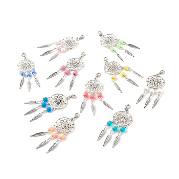 Tibetan Style Alloy Big Pendants, Woven Net/Web with Feather & Handmade Polymer Clay Beads,  with Lobster Claw Clasps, Mixed Color, 85x28mm, 10pcs/set