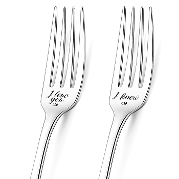 Globleland Word I Love You & I Know Pattern 304 Stainless Steel Fork, with Coated Paper Cutlery Storage Box, Heart Pattern, 200x24mm, Fork: 1pc/style, 2 style/set, 2pcs/set, 1 set