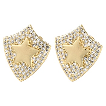 Rack Plating Brass Micro Pave Cubic Zirconia Stud Earrings, Star Shield, Real 16K Gold Plated, 16.5x14mm