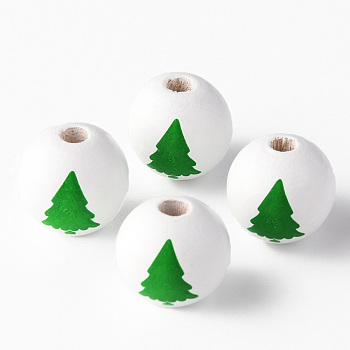 Painted Natural Wood Beads, Round with Christmas Tree, Green, 16x15mm, Hole: 4mm