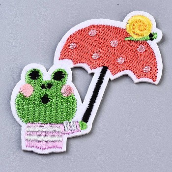 Frog with Umbrella Appliques, Computerized Embroidery Cloth Iron on/Sew on Patches, Costume Accessories, Colorful, 56x53x1.5mm