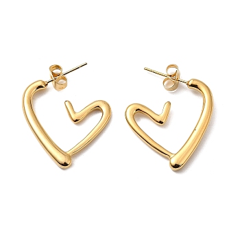 Ion Plating(IP) 304 Stainless Steel Heart Stud Earrings, Half Hoop Earrings, Golden, 28.5x2.7mm