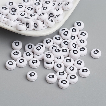 Flat Round with Letter Q Acrylic Beads, with Horizontal Hole, White & Black, Size: about 7mm in diameter, 4mm thick, hole: 1mm