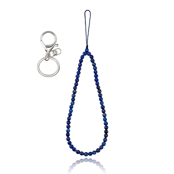 Natural Lapis Lazuli and Iron Alloy Lobster Claw Clasp Keychain, with Braided Nylon Thread, 27~27.5cm