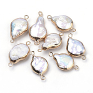 Plated Natural Baroque Pearl Keshi Pearl Links connectors, with Iron Findings, Teardrop, Golden, 20~26x11.5~12x5~6mm, Hole: 2mm(X-PEAR-S012-01)
