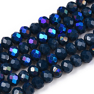 Electroplate Opaque Solid Color Glass Beads Strands, Half Rainbow Plated, Faceted, Rondelle, Prussian Blue, 4x3mm, Hole: 0.4mm, about 113~115pcs/strand, 41~42cm(EGLA-A034-P4mm-L22)