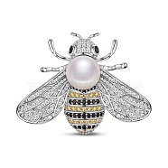 SHEGRACE Brass Brooch, with Grade AAA Cubic Zirconia and Pearl, Bees, Platinum, 39.3x30mm(JBR056A)