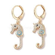 Real 18K Gold Plated Brass Dangle Leverback Earrings, with Cubic Zirconia, Sea Horse, Light Blue, 36.5x10.5mm(EJEW-L269-027G-01)