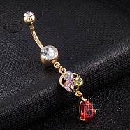 Piercing Jewelry, Brass Cubic Zirconia Navel Ring, Belly Rings, with 304 Stainless Steel Bar, Cadmium Free & Lead Free, Real 18K Gold Plated, teardrop, Red, 50x8mm, Bar Length: 3/8"(10mm), Bar: 14 Gauge(1.6mm)(AJEW-EE0003-29D)