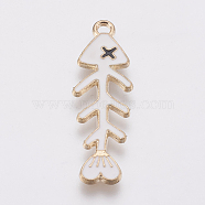 Zinc Alloy Enamel Pendants, Fishbone, Golden, White, 35x11x1.2mm, Hole: 1.8mm(PALLOY-I124-20G-C)