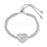 Rack Plating Brass Micro Pave Cubic Zirconia Silder Bracelets, Cadmium Free & Lead Free, Long-Lasting Plated, Heart, Platinum, Inner Diameter: 2-1/8~2-7/8 inch(5.3~7.3cm)(BJEW-P341-03P)