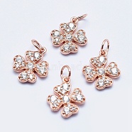 Brass Micro Pave Cubic Zirconia Charms, Long-Lasting Plated, Lead Free & Nickel Free & Cadmium Free, Clover, Real Rose Gold Plated, 14x11.5x2mm, Hole: 3mm(RB-I078-65RG-NR)