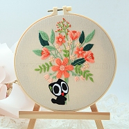 Cat Pattern DIY Embroidery Starter Kit with Instruction Book, Embroidery Hoop, Cord and Neddle, Easy Stamped Fabric Hand Crafts, Flower, 200mm(PW-WG49048-01)