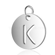304 Stainless Steel Charms, Flat Round with Letter, Stainless Steel Color, Letter.K, 12x1mm, Hole: 2.5mm(A-STAS-S105-T514S-K)