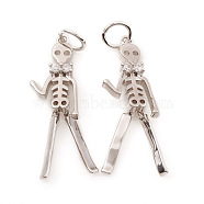 Halloween Brass Micro Pave Cubic Zirconia Pendants, with Jump Ring, Skeleton Man, Clear, Real Platinum Plated, 24x7.5x3mm, Hole: 3.5mm(ZIRC-G169-09P)