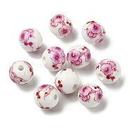 Handmade Printed Porcelain Round Beads, with Flower Pattern, Flamingo, 10mm, Hole: 2mm(PORC-YW0001-05A)
