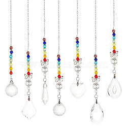7Pcs 7 Style Transparent Glass Pendant Decorations, Hanging Sun Catchers, Rainbow Maker, with Iron Butterfly and Glass Beads, for Home Decoration, Mixed Shapes, 265~318mm, 1pc/style(HJEW-GA0001-44)