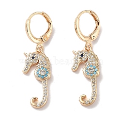 Real 18K Gold Plated Brass Dangle Leverback Earrings, with Cubic Zirconia, Sea Horse, Light Blue, 36.5x10.5mm(EJEW-L269-027G-01)