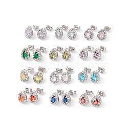 Cubic Zirconia & Rhinestone Teardrop Stud Earrings, Stainless Steel Color Plated 304 Stainless Steel Jewelry for Women, Mixed Color, 11x8.5mm, Pin: 0.6mm(EJEW-A080-02M-P)