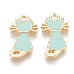 Alloy Enamel Kitten Pendants, Cadmium Free & Lead Free, Cat Silhouette Shape, Light Gold, Pale Turquoise, 22x12x2mm, Hole: 2mm(ENAM-S115-038B)