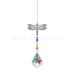 Crystals Chandelier Suncatchers Prisms Chakra Hanging Pendant, with Iron Cable Chains, Glass Beads and Dragonfly Brass Pendant, Leaf Pattern, 350mm, Maple Leaf: 50x35mm, Dragonfly: 45x60mm(BUER-PW0001-134D)