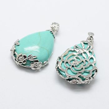 Synthetic Turquoise Pendants, with Brass Findings, teardrop, Platinum, 40.5x27x8.5mm, Hole: 4x6.5mm