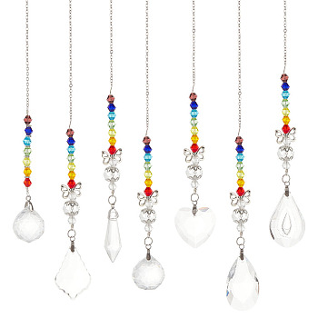 7Pcs 7 Style Transparent Glass Pendant Decorations, Hanging Sun Catchers, Rainbow Maker, with Iron Butterfly and Glass Beads, for Home Decoration, Mixed Shapes, 265~318mm, 1pc/style