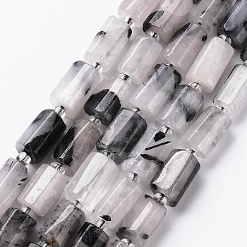 Natural Black Rutilated Quartz Beads Strands, Faceted, Column, 8~11x6~8x5~7mm, Hole: 1mm, about 15~17pcs/strand, 7.28~7.48 inch