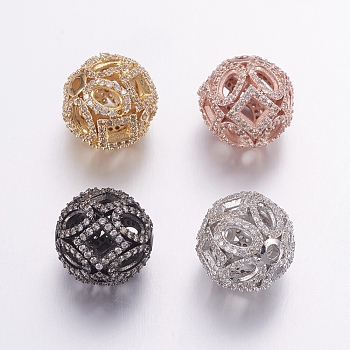 Brass Micro Pave Cubic Zirconia Beads, Round, Clear, Mixed Color, 14mm, Hole: 2mm
