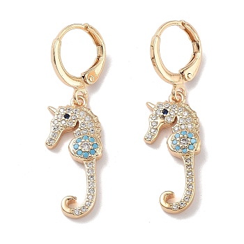 Real 18K Gold Plated Brass Dangle Leverback Earrings, with Cubic Zirconia, Sea Horse, Light Blue, 36.5x10.5mm