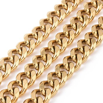 304 Stainless Steel Cuban Link Chains, Faceted, Unwelded, Golden, 13.5~14x11.5~12x3mm