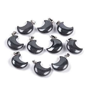Natural Black Stone Pendants, Moon Charms with 201 Stainless Steel Snap on Bails, Stainless Steel Color, 23~25x17~18x7~7.5mm, Hole: 6x3mm