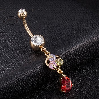 Piercing Jewelry, Brass Cubic Zirconia Navel Ring, Belly Rings, with 304 Stainless Steel Bar, Cadmium Free & Lead Free, Real 18K Gold Plated, teardrop, Red, 50x8mm, Bar Length: 3/8"(10mm), Bar: 14 Gauge(1.6mm)