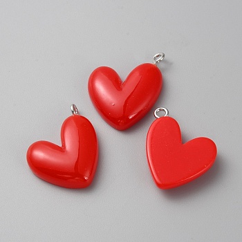 Opaque Resin Pendants, Heart Charms with Platinum Tone Iron Loops, Red, 23~25x20.5~21x5~5.5mm, Hole: 2mm