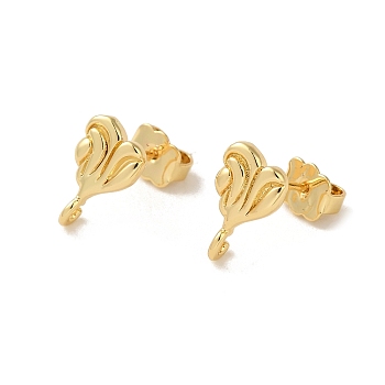 Rack Plating Brass Studs Earrings Findings, Long-Lasting, Lead Free & Cadmium Free, Heart, Real 18K Gold Plated, 12.5x7.5mm, Hole: 1.6mm, Pin: 0.7mm
