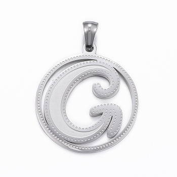 304 Stainless Steel Pendants, Flat Round with Letter.G, Stainless Steel Color, 28x25x1.2mm, Hole: 6x3mm