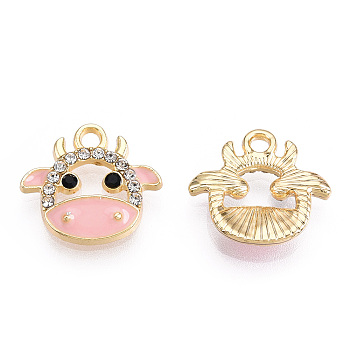 Eco-Friendly Zinc Alloy Charms, with Enamel and Crystal Rhinestone, Cadmium Free & Nickel Free & Lead Free, Cow, Light Gold, Pink, 14x15x3mm, Hole: 1.8mm