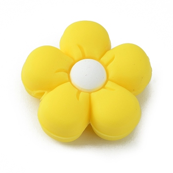 Silicone Beads, DIY Nursing Necklaces and Bracelets Making, Chewing Pendants For Teethers, Flower, Yellow, 26x27x10mm, Hole: 2mm