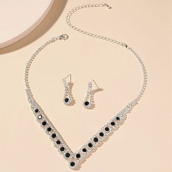 Teardrop Alloy Rhinestone Pendant Necklaces & Stud Earrings Sets, Jet, 320mm