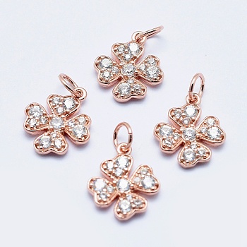 Brass Micro Pave Cubic Zirconia Charms, Long-Lasting Plated, Lead Free & Nickel Free & Cadmium Free, Clover, Real Rose Gold Plated, 14x11.5x2mm, Hole: 3mm