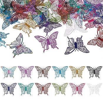 Pandahall 48Pcs 12 Colors Spray Painted 430 & 201 Stainless Steel  Filigree Pendants, Etched Metal Embellishments, Butterfly, Mixed Color, 31x40x0.3mm, Hole: 1.4mm, 4pcs/color