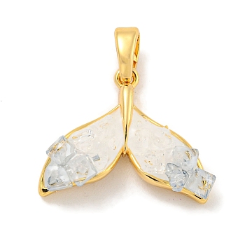 Natural Quartz Crystal Pendants, Brass Enamel Whale Tail Charms, Real 18K Gold Plated, 14x18x4mm, Hole: 4x2mm