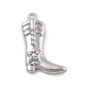 Brass Micro Pave Clear Cubic Zirconia Pendants, Western Cowboy Shoes, Platinum, 17x10.5x3.5mm, Hole: 1.2mm