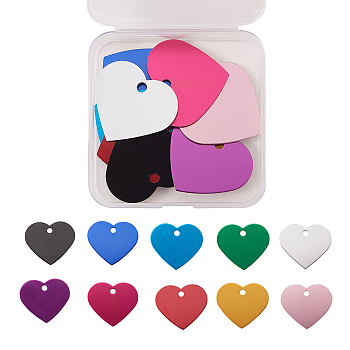 Aluminum Pendants, Blank Tags, Heart, Mixed Color, 33x37.5x1mm, Hole: 3.5mm, 1pc/color, 10 colors, 10pcs/box,
