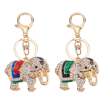 WADORN 2Pcs 2 Colors Cute Elephant Enamel Rhinestones Pendant Keychain, with Alloy Findings, for Bag Purse Car Ornament, Mixed Color, 10.6cm, 1pc/color