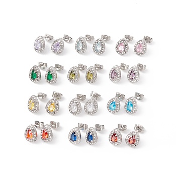 Cubic Zirconia & Rhinestone Teardrop Stud Earrings, Stainless Steel Color Plated 304 Stainless Steel Jewelry for Women, Mixed Color, 11x8.5mm, Pin: 0.6mm