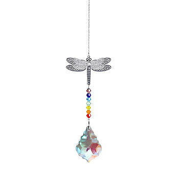 Crystals Chandelier Suncatchers Prisms Chakra Hanging Pendant, with Iron Cable Chains, Glass Beads and Dragonfly Brass Pendant, Leaf Pattern, 350mm, Maple Leaf: 50x35mm, Dragonfly: 45x60mm