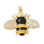 Brass Micro Pave Clear Cubic Zirconia Pendants, Bee Charms with Black and Yellow Enamel, Long-Lasting Plated, Rack Plating, Lead Free & Cadmium Free, Real 18K Gold Plated, 36.5x45x6mm, Hole: 6x4mm(KK-H267-058G)